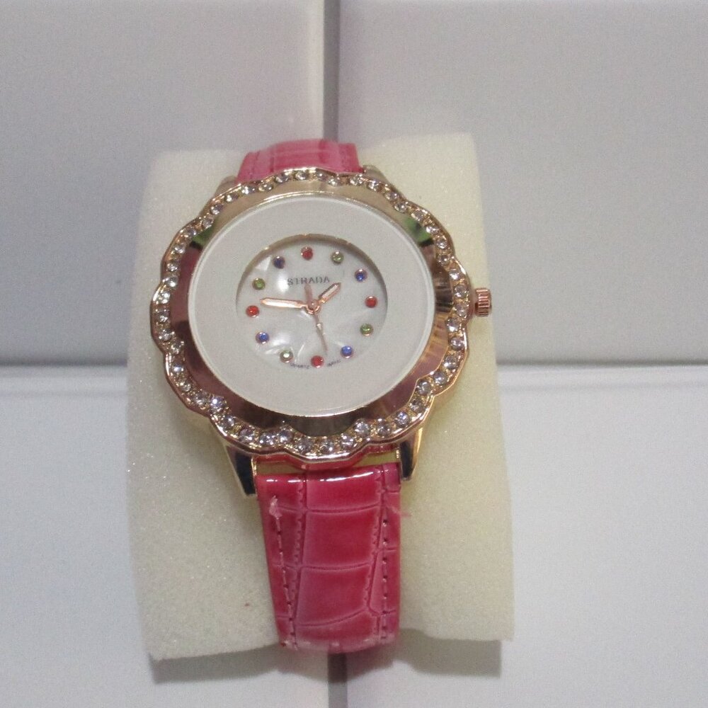 STRADA Watch Austrian Crystal Faux Leather Bnd Pink